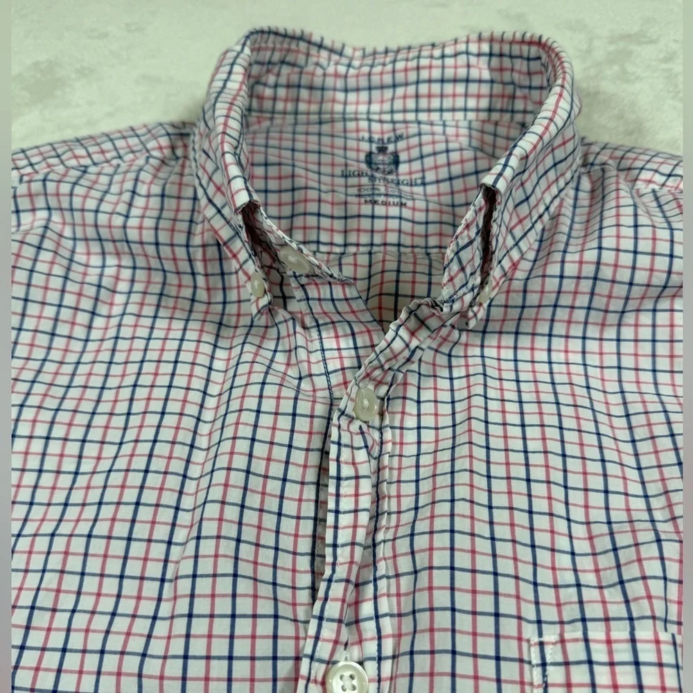 J. Crew Men's Medium Light Weight Pink and Blue Plaid Button Down Shirt
